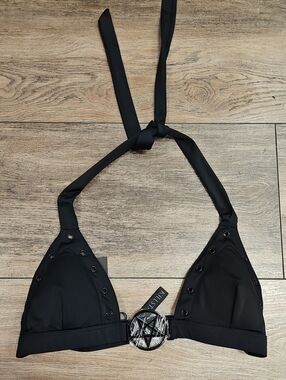 Killstar Black Halter One-Piece Swim Top with Pentagram Buckle